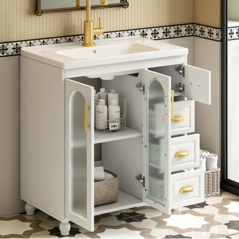 Mobile bagno bianco da 80 cm con lavabo in porcellana, 2 ante, 3 cassetti, maniglie in metallo, MDF (1/5)