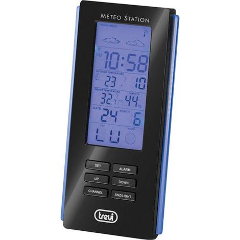 Trevi ME 3108 RC Stazione Meteo con Sensore Esterno, Display Retroilluminato a LED Blu, Termometro Interno Esterno, Igrometro e Funzione Sveglia, Nero (1/4)