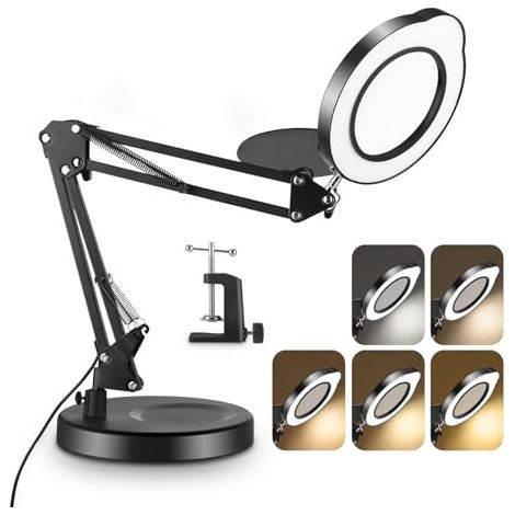 15-fache Vergrößerungslampe, 2-in-1 beleuchtete Schreibtischlampe mit Fuß und Klemme, 5 Farbmodi, stufenlose Dimmung, LED-Vergrößerungslampe mit 360° drehbarem Schwenkarm für Bastelarbeiten und Repara
