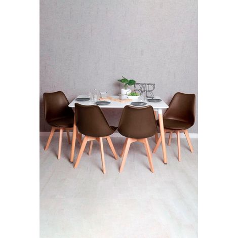 Conjuntos de mesa y sillas - Conjunto Mesa Tower Rectangular 120 x 80 cm Blanca y Pack 4 Sillas Synk Basic - Marrón (1/5)