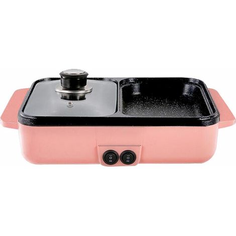 2 in 1 Multifunctional 1400W Electric Kitchen Hot Pot Barbecue Stove Hot Pot Egg Noodle Soup Barbecue Plancha Nonstick Grill Barbecue Pan (Pink, EU Plug 220V) (1/3)