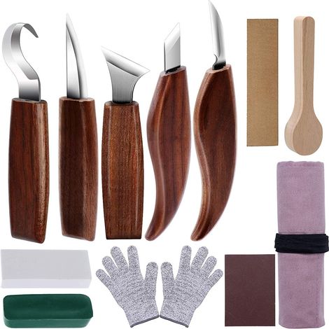 12-Piece Wood Carving Tool Set, Beginner Wood Carving Kit with 5 Carving Knives, Cut-Resistant Gloves, and Tools (1/5)