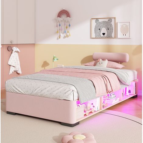 Letto per bambini imbottito rosa 90 x 200 cm con vano portaoggetti aperto e LED DESVIAE (1/5)