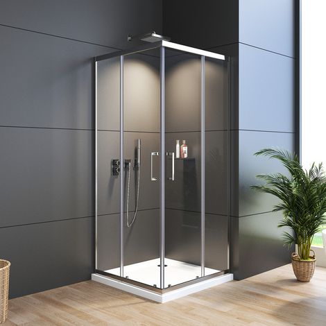 Duschkabine Eckeinstieg 100x100 cm Schiebetür Duschabtrennung Eckeinstieg mit Doppel Schiebetüren, 6mm ESG Sicherheitsglas, Duschwand Höhe 185cm, LINKS & RECHTS MONTIERBAR
