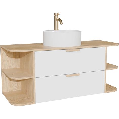 Mobile per lavabo sospeso con nicchie, lavabo da appoggio tondo e rubinetteria Bianco e naturale chiaro L120 cm - AVORELI (1/5)