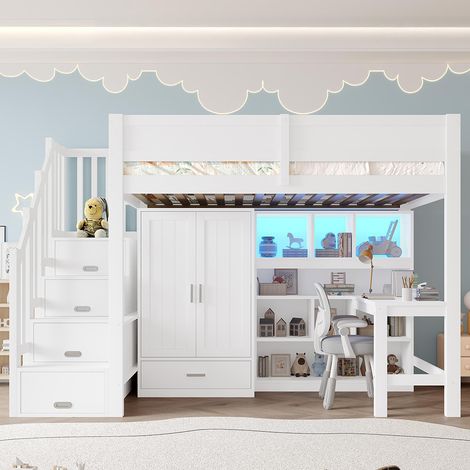 Lit mezzanine 90 x 200 cm, avec bureau et étagères, armoire, espace de rangement, escalier et éclairage LED, blanc (1/5)