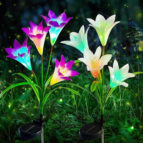 Lampes solaires de jardin à piquer, lot de 2 avec 8 lampes lys, violettes et blanches (1/5)