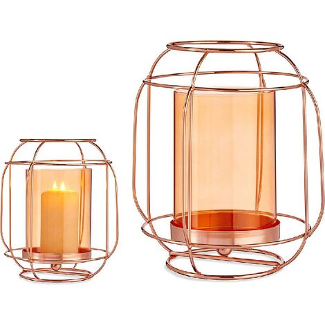 Bougeoir - Cuivre Ambre - Lanterne Métal Verre - 19x20x19 cm - Design Contemporain - Objets Décoratifs