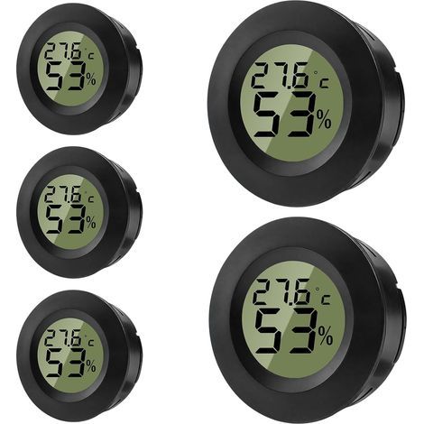 Lot de 5 thermomètres hygromètres numériques ronds, capteurs humidité et température, pour intérieur, serres, terrariums, valises de guitare, caves à cigares, incubateurs et verre (1/5)