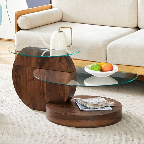 Table basse en verre trempé - Design minimaliste et multicouche - Support MDF haute qualité - Plusieurs coloris 90x70x44cm - noyer (1/5)
