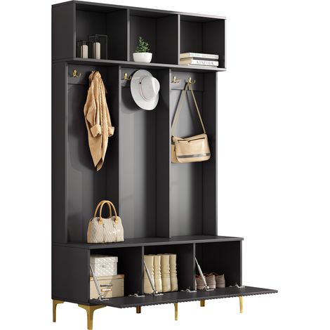 Garderobenset mit Bank, offenem Stauraum, 6 goldenen Haken und Schuhablagen, aus Spanplatte 120x23.5x191.5 cm (1/5)