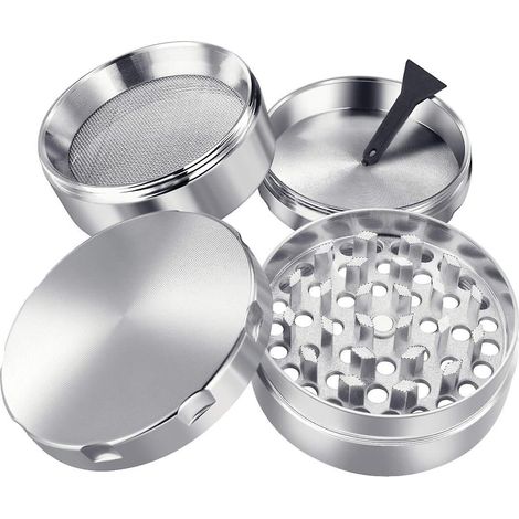 Broyeur à épices, tabac et herbes 4 pièces en alliage de zinc durable avec récupérateur de pollen - Dents argentées en forme de diamant (1/4)