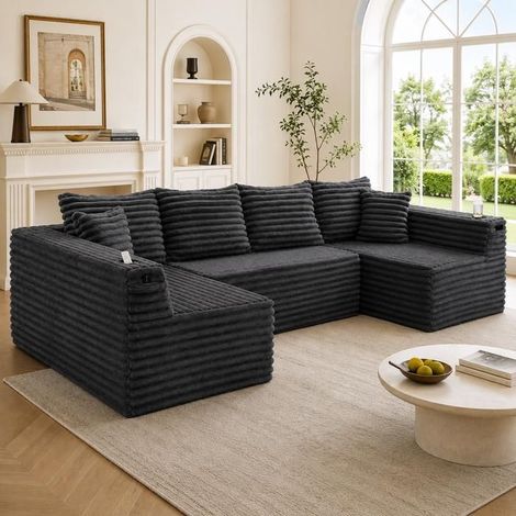 Canapé modulable en U, porte-boissons, poches latérales, ressorts, 4 coussins dossier, 2 coussins décoratifs (1/5)