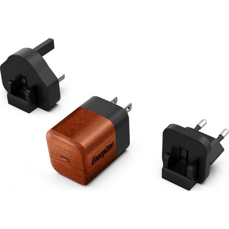 Energizer Ultimate - Caricabatterie da parete da viaggio multipresa UE/Regno Unito/USA GaN USB-C 20W PD (radica di noce) (1/5)