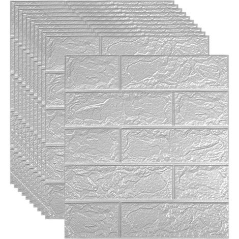 Lot de 10 panneaux muraux 3D auto-adhésifs, papier peint mousse, imperméable, argent et gris, 35x38 cm (1/5)