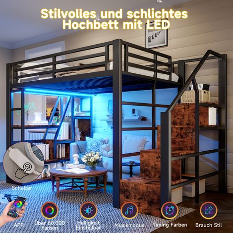 Lit mezzanine 140x200 cm fer noir avec étagères, marches et barrière de sécurité, échelle LED, espace de rangement ouvert sous le couchage, matelas non fourni