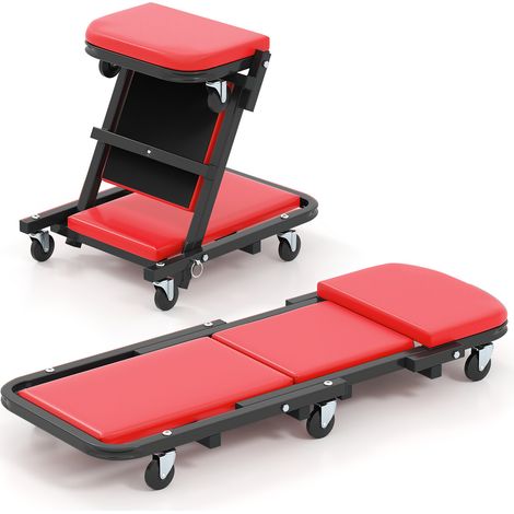 Banc roulant de mécanicien 2-en-1 avec cadre métallique, siège rembourré et 6 roues, convertible en tabouret, pour garage et atelier (1/5)