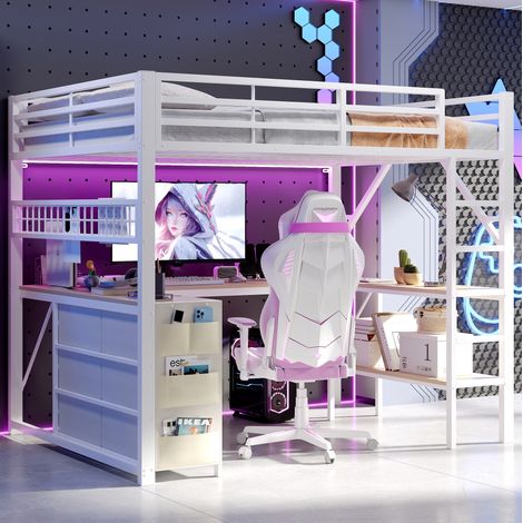 Lit mezzanine 140x200 cm métal MDF blanc, bureau LED, gain de place, sans matelas – MEUBLIV (1/5)