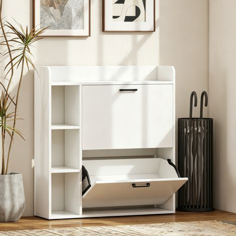 Meuble à chaussures 15 paires, armoire à chaussures moderne avec 2 tiroirs rabattables, 83x24x90,5cm, blanc (1/5)