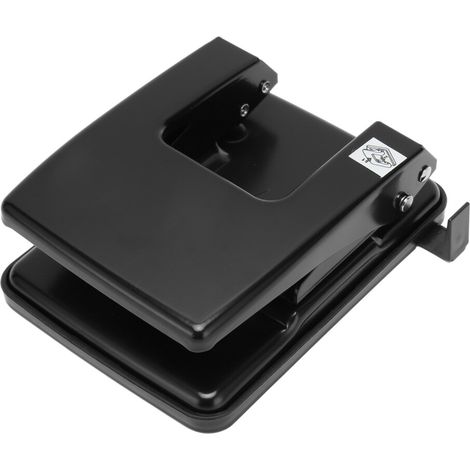 Perforadora de doble agujero, capacidad para 40 hojas, material metálico negro, con dispositivo guía.