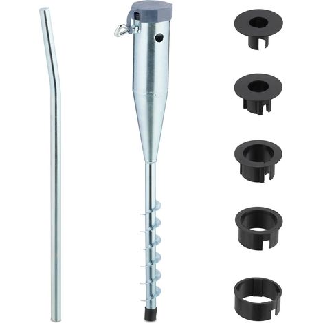 Relaxdays Bodenhülse, Sonnenschirm & Wäschespinne, 25-55 mm Stangendicke, zum Eindrehen, Stahl Rasendorn, silber/grau