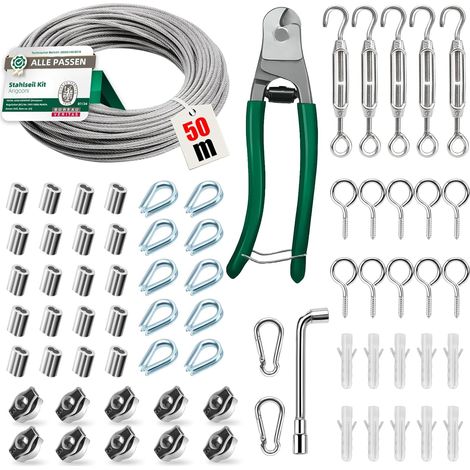 Lot de 70 câbles en acier inoxydable 50 m épais de 3 mm avec câble en acier inoxydable gainé, tendeur de câble en acier inoxydable 304, kit de tuteur pour plantes grimpantes (1/5)