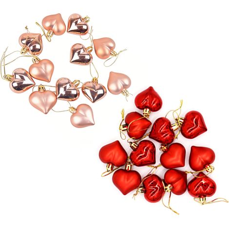24 herzförmige Ornamente, romantische, galvanisierte Herzdekorationen, Baumschmuck zum Aufhängen für Hochzeitsfeiern, 4,5 cm (1,77 Zoll), Roségold/Rot (1/5)