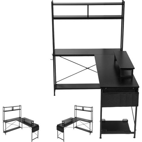 Bureau d'angle en L 1,7m, réversible, avec support d'écran et support CPU mobile, table PC moderne et robuste pour bureau à domicile, montage facile. (1/5)
