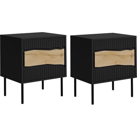Conjunto de mesitas de noche Monevare 104, Negro + Roble wotan, Número de cajones: 0, Número de puertas: 0, 62x51x40cm, MDF, Aglomerado laminado, LED