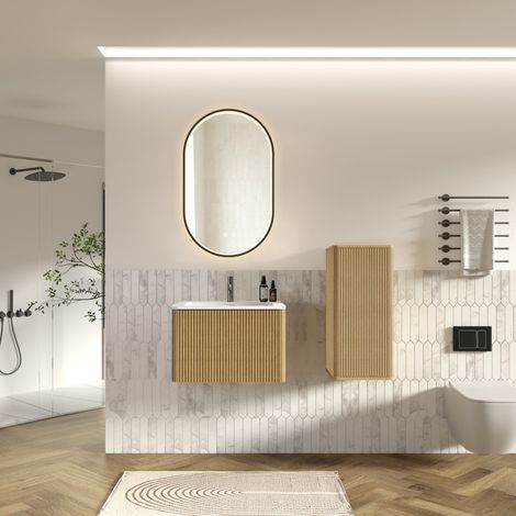 Conjunto de muebles de baño suspendidos 61 cm con lavabo, columna, espejo LED y acabado roble OKWISH (1/5)
