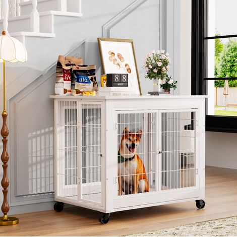 Gabbia per cani stile mobile con doppia porta, tetto apribile, ruote, bianco HAVRYA (1/5)
