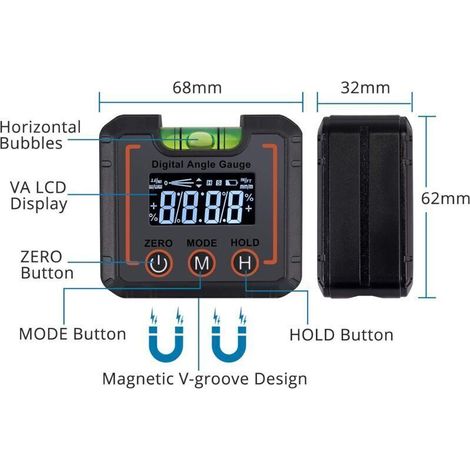 Inclinomètre numérique professionnel à écran LCD, avec bulles horizontales de haute précision, magnétique avec rainure en V, avec 2 piles, (°Degré/%/mm/m/IN/FT)