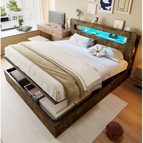 Cama con almacenamiento hidráulico de 180x200 cm para adultos, cama doble con iluminación LED, tomas de corriente y espacio de almacenamiento en el cabecero, acabado en madera vintage (1/5)