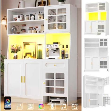Meuble de cuisine (130 x 45 x 180 cm), armoire haute, buffet, meuble de cuisine avec portes vitrées et éclairage LED, blanc