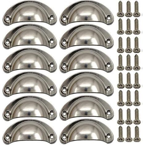 12 × Poignée de Coquille Vintage pour Tiroir Armoire Meuble Cuisine, Alliage Fer-nickel Demi Lune Bouton de Meuble Bouton de Porte de Placard 8,1 cm x 3,5 cm Nickel Brossé (1/5)