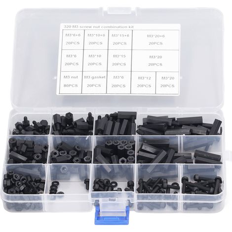 Kit de 320 Pièces Écrous et Vis Hexagonales M3 en Nylon, Assortiment Entretoises Mâles et Femelles avec Coffret de Rangement (1/5)