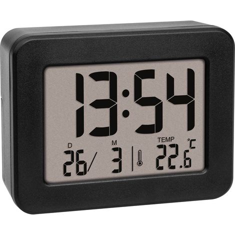 TFA Dostmann Mini sveglia digitale da comodino, 60.2044.01, orologio da tavolo, a batteria, con data e termometro interno, sveglia da viaggio, piccolo, nero (1/5)