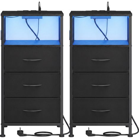 Table de Chevet avec Éclairage LED et Multiprise, Lot de 2, 3 Tiroirs et 1 Compartiment Ouvert, Noir (1/5)