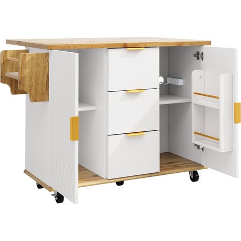 Îlot de cuisine mobile avec plan de travail rabattable, prises électriques intégrées, 3 tiroirs et 2 armoires, blanc imitation bois, 88 cm de hauteur (1/5)