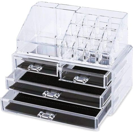 Organizador de maquillaje con 4 cajones de baño, transparente con compartimentos (1/4)