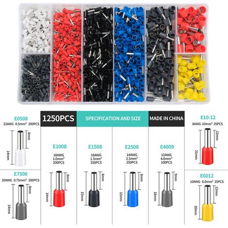 1250PCS Fil terminal connecteur 0.5-10mm² 8 tailles Kit de connecteur de bornes de virole en fil Embout de Cablage pour bricolage électrique moto (1/5)