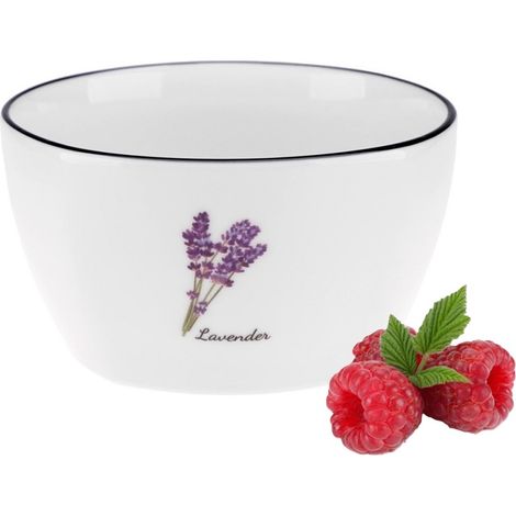 Insalatiera in porcellana PROVENCE LAVENDER 350 ml bianco latte stampa colorata fiori di lavanda bordo nero porcellana New Bone (1/3)