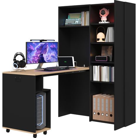 Bureau d'angle Noir et chêne en MDF et bois, Avec 2 Niveaux et Étagères Réglables, 104,5 x 30,5 x 160cm - pour bureau, salon (1/5)