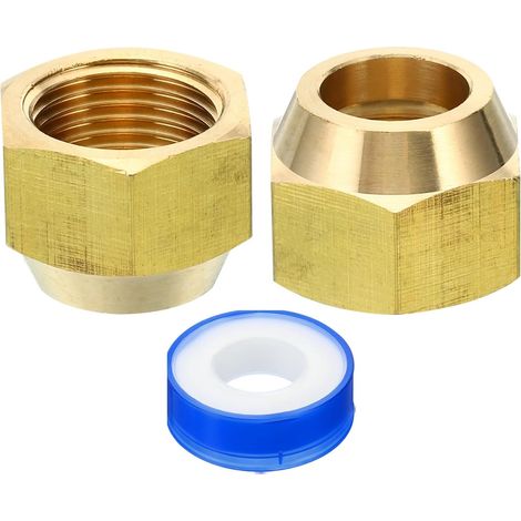 Écrou Évasé en Laiton 5/8 SAE, 2 Pcs, Raccord de Tube Évasé en Cuivre à 45 Degrés, Capuchon de Raccord de Tuyau en Laiton avec Ruban Adhésif pour Conduite de Gaz d'Eau, Brillant (1/5)