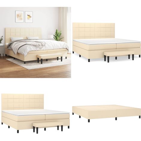Sommier à lattes de lit avec matelas Crème 200x200 cm Tissu - Lit Plateforme - Lit Double - Matelas À Ressorts Ensachés - Têtière Ajustable - Banc Rangement - Home & Living