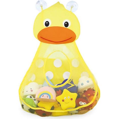 Sac de rangement de jouets de bain pour enfants, en forme de canard, avec 2 ventouses puissantes, séchage rapide, organisateur ludique pour la salle de bain. (1/5)