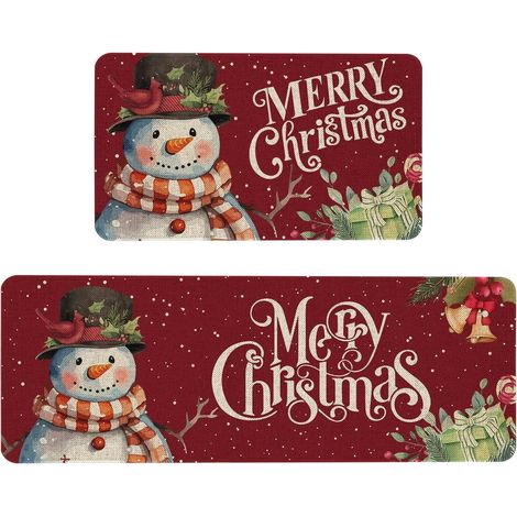 Juego de 2 tapetes de cocina navideños con diseño de muñeco de nieve rojo, antideslizantes y acolchados. (1/4)
