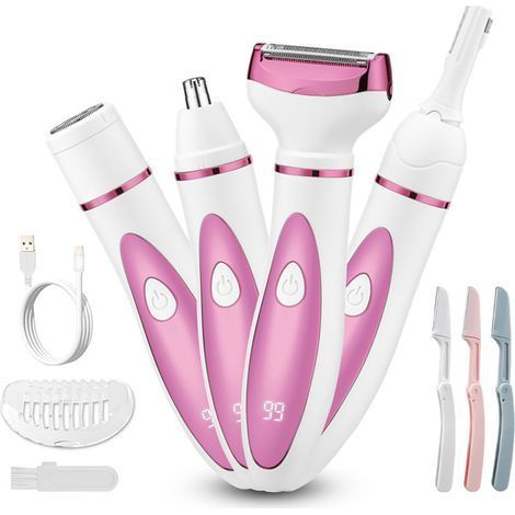 Rasoir Electrique Femme - 4 en 1 Indolore Corps Tondeuse Pour Bikini, Visage, Sourcils, Nez, Aisselles - USB Rechargeable