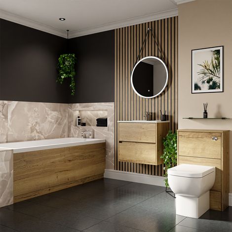 Ashby 1700mm x 700mm Slim Edge Straight Single Ended Bathroom Suite including Autumn Oak Furniture Set with Minimalist Basin (1/5)