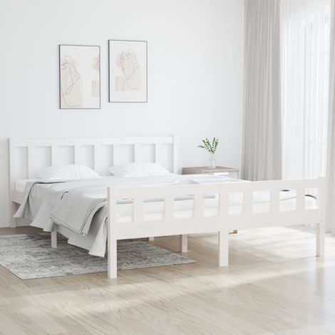Lit double-150 x 200 cm, Cadre de lit, Lit adulte, Structure de lit blanc Bois massif très grand PDKEI68272 (1/5)